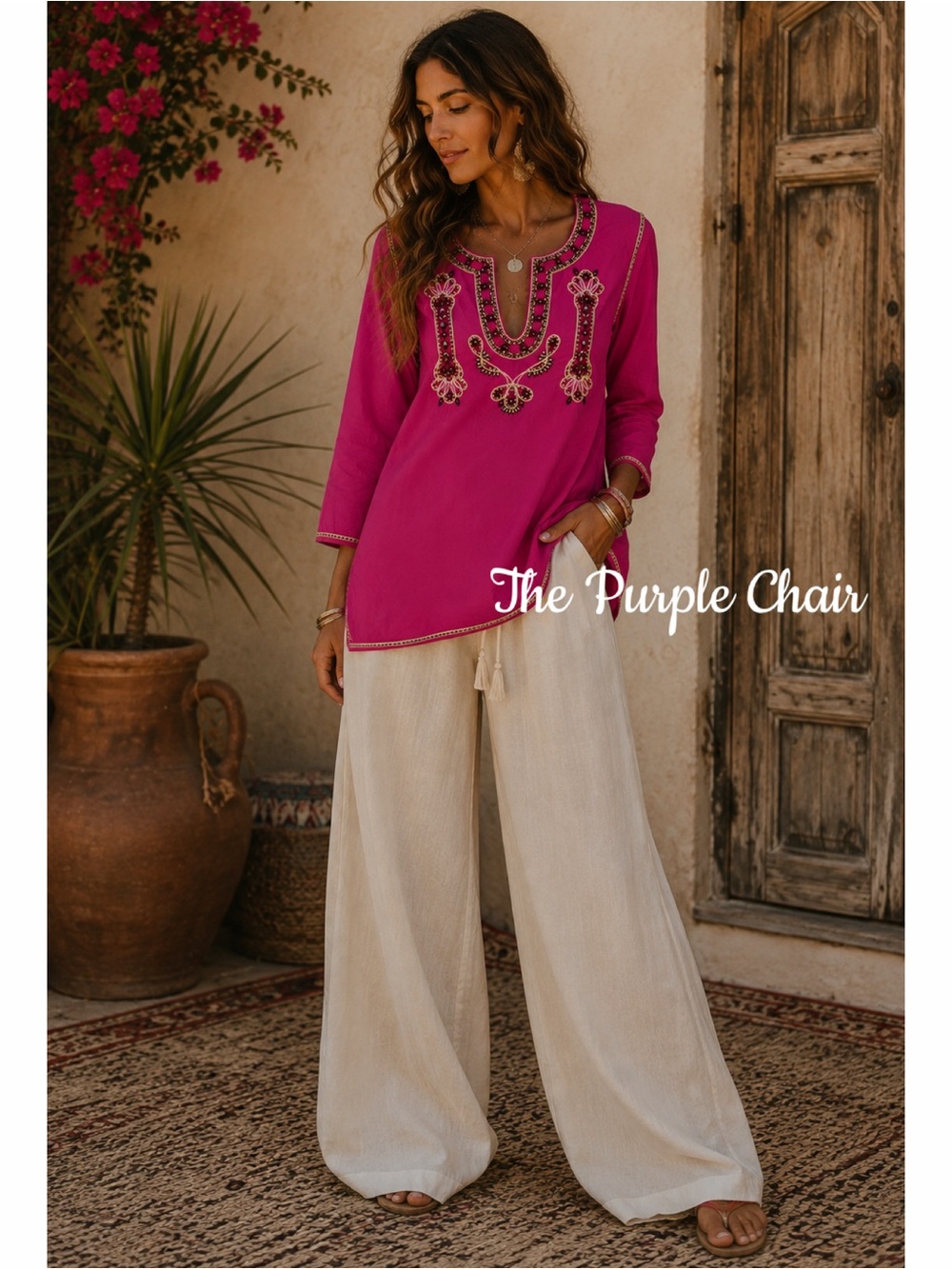 INC Boho Long Sleeve Pink Embroidered Beaded Cotton Tunic 8